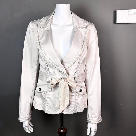 White House Black Market jacket blazer size 8 white feminine ruffle cotton belt